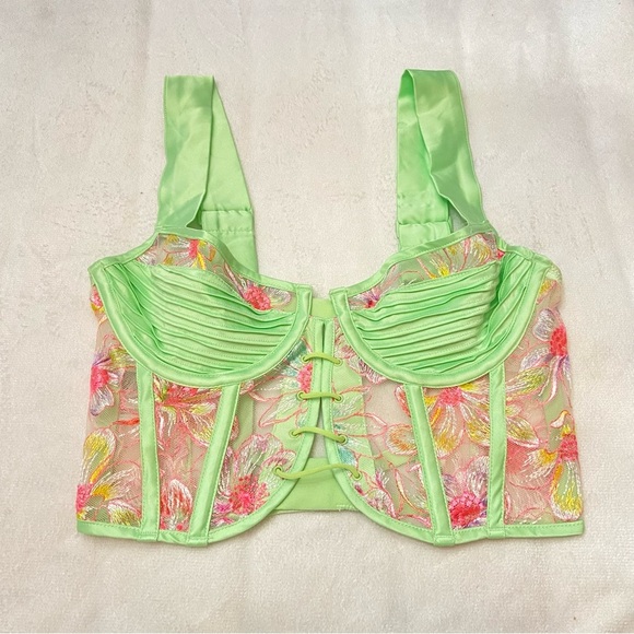New! For Love And Lemons electric fields Green Floral Lace Bra 1868 - Picture 2 of 11